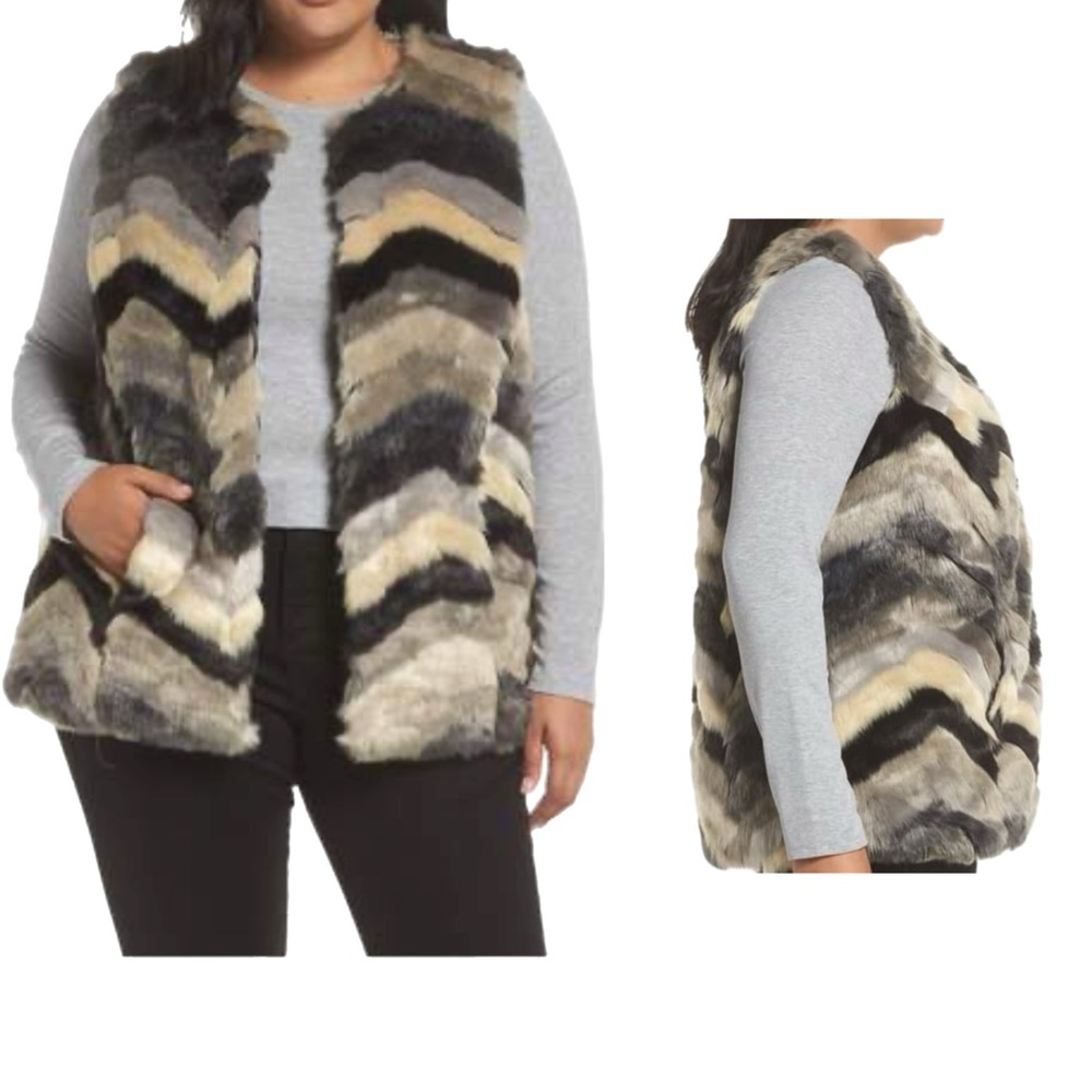 294 - Fever size 2X Black Combo Faux Fur Vest‎ - Size 2X (black, cream, grey)
